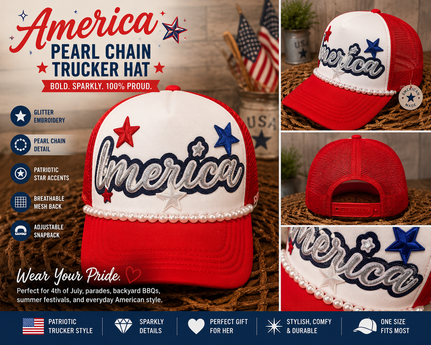 America Pearl Chain Trucker Hat – Patriotic Style with a Touch of Glam