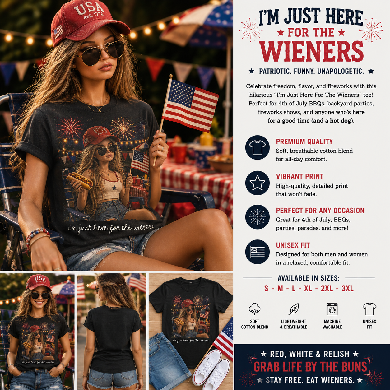 I’m Just Here for the Wieners Patriotic Graphic T-Shirt