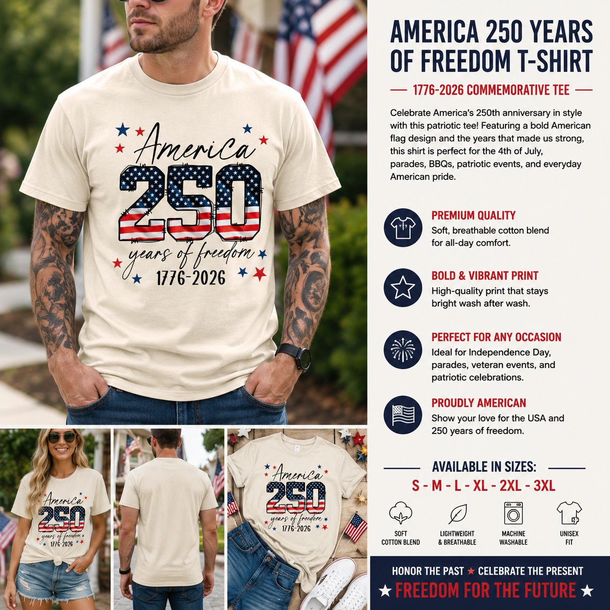 America 250 Years of Freedom Patriotic T-Shirt – 1776-2026