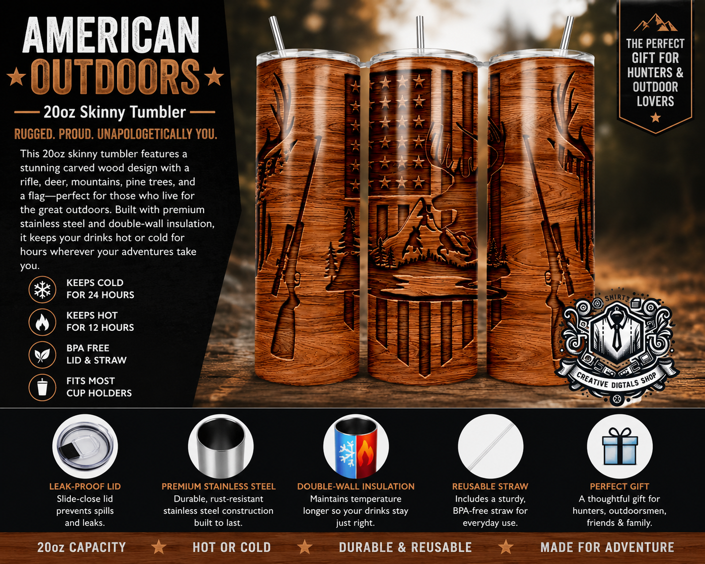 American Outdoors 20oz Skinny Tumbler | Hunting & Outdoor Stainless Steel Travel Cup - Creative Digitals Shop