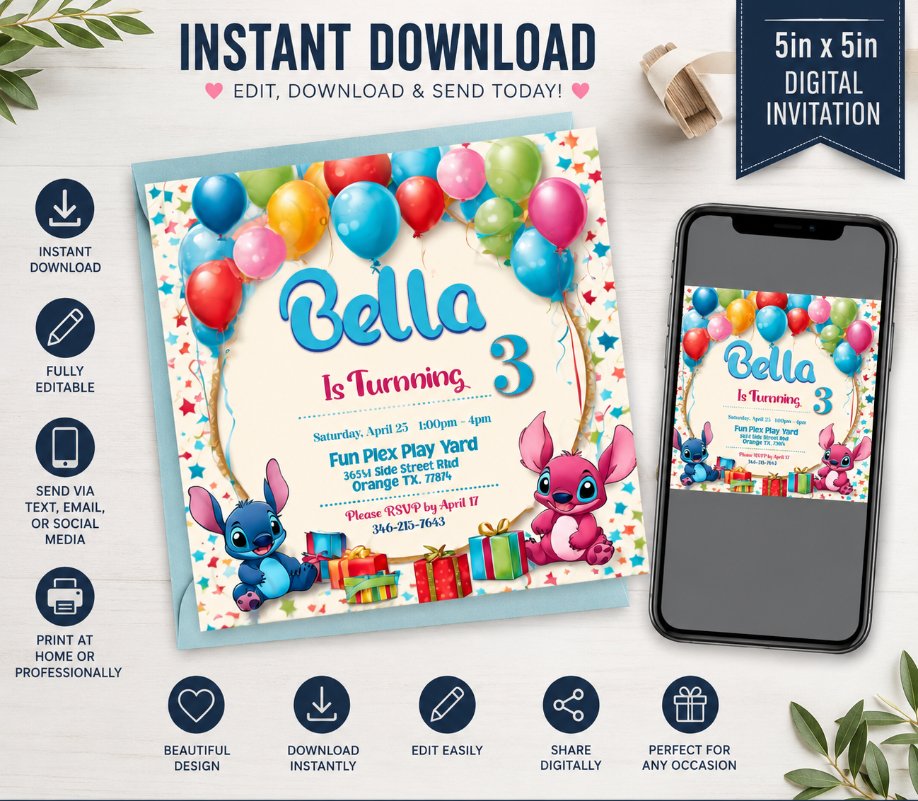 Stitch Birthday Invitation, Invitation Kids, Stitch Theme Birthday Card, Fully Editable, Editable Kids Invite,Kids Digital Invite,Instant Download - Creative Digitals Shop