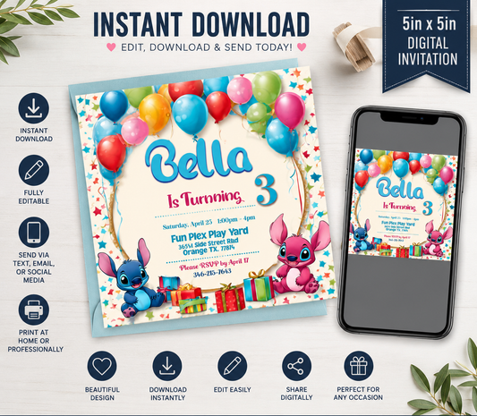 Stitch Birthday Invitation, Invitation Kids, Stitch Theme Birthday Card, Fully Editable, Editable Kids Invite,Kids Digital Invite,Instant Download
