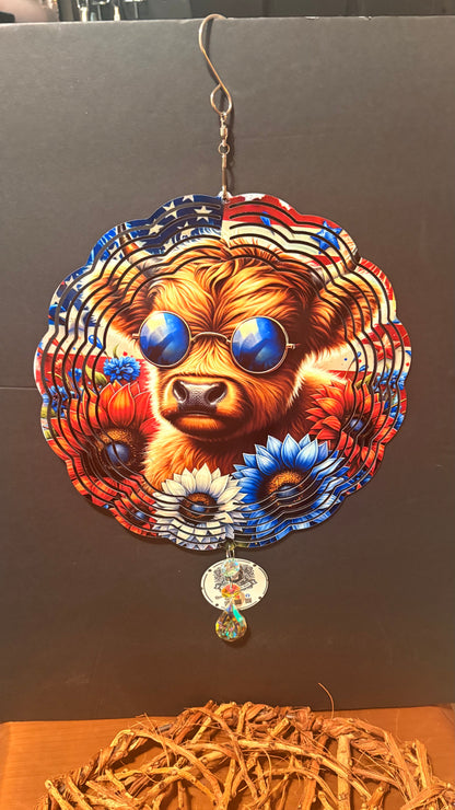 Patriotic Highland Cow Wind Spinner