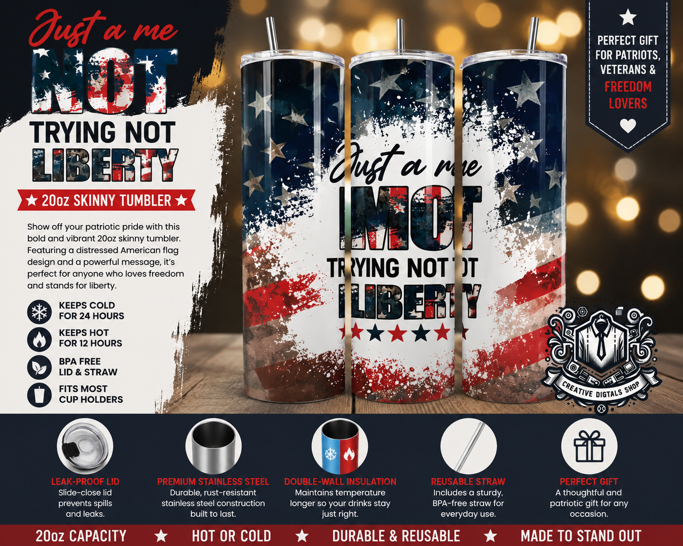 Just a Mom Trying Not to Raise Liberals 20oz Skinny Tumbler | Patriotic Mom Gift - Creative Digitals Shop