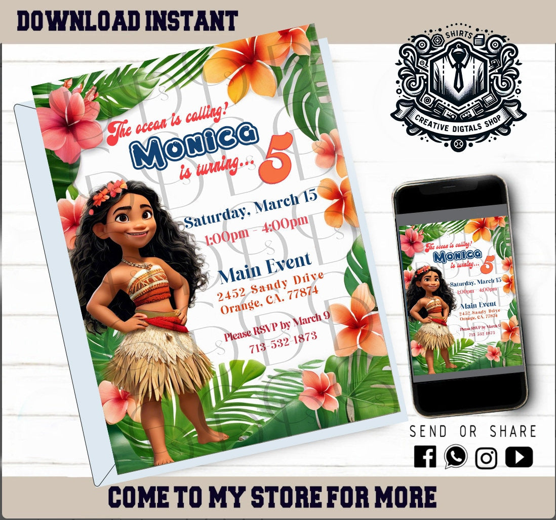 The ocean is calling, Birthday Invitation, The ocean is calling Invite, Moana Character Party, Personalized Customized Birthday Invitation Instant Download