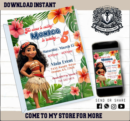 The ocean is calling, Birthday Invitation, The ocean is calling Invite, Moana Character Party, Personalized Customized Birthday Invitation Instant Download