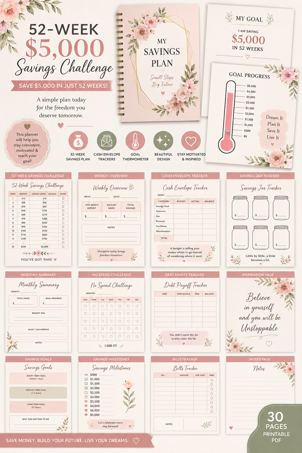 52-Week $5,000 Savings Challenge Printable | 35-Page Budget Planner