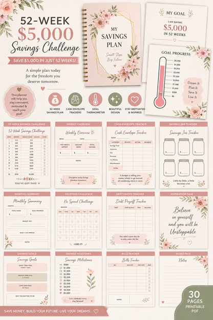 52-Week $5,000 Savings Challenge Printable | 35-Page Budget Planner