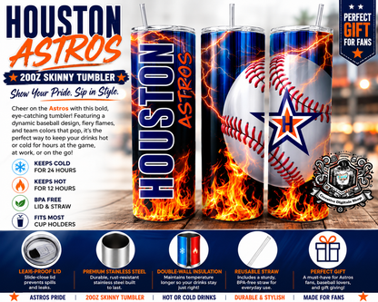 Houston Astros Fireball 20oz Skinny Tumbler | Baseball Fan Stainless Steel Cup - Creative Digitals Shop