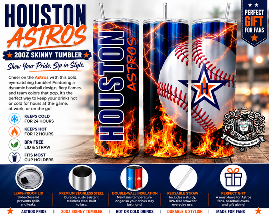 Houston Astros Fireball 20oz Skinny Tumbler | Baseball Fan Stainless Steel Cup - Creative Digitals Shop