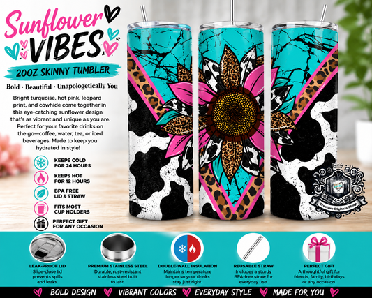 Sunflower Vibes 20oz Skinny Tumbler | Turquoise Pink Cowhide & Leopard Print Cup - Creative Digitals Shop