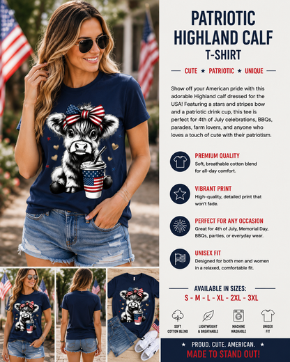Patriotic Highland Cow T-Shirt – Cute American Flag Cow Fourth of July Tee