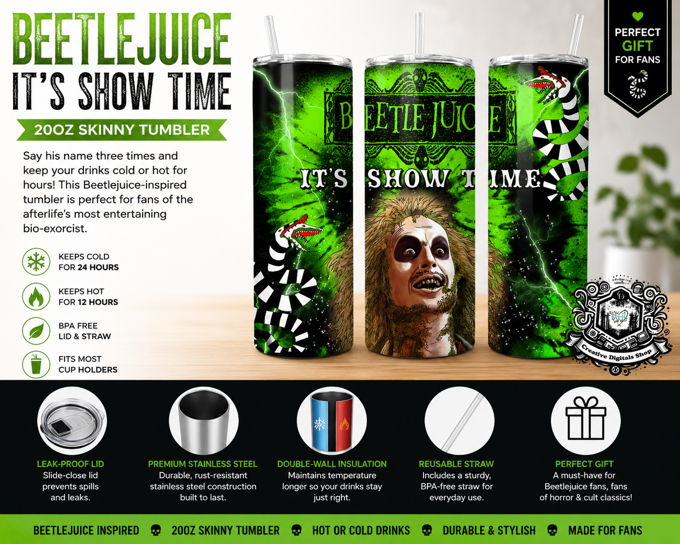 Beetlejuice Inspired 20oz Skinny Tumbler | Halloween Horror Fan Stainless Steel Cup - Creative Digitals Shop