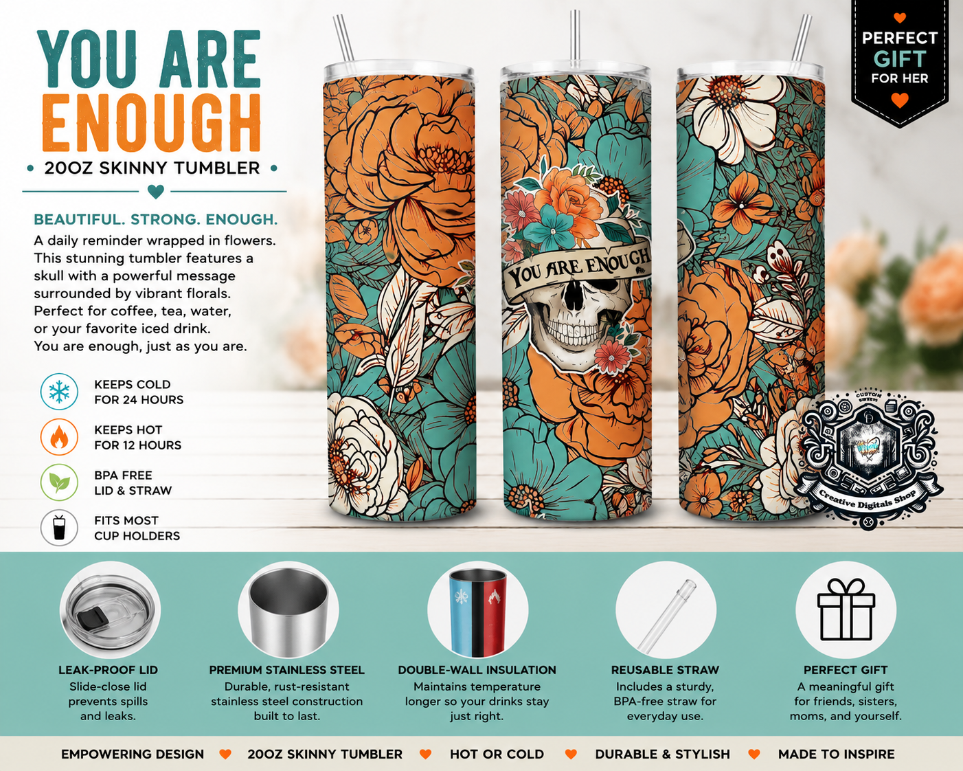 You Are Enough 20oz Skinny Tumbler - Creative Digitals Shop