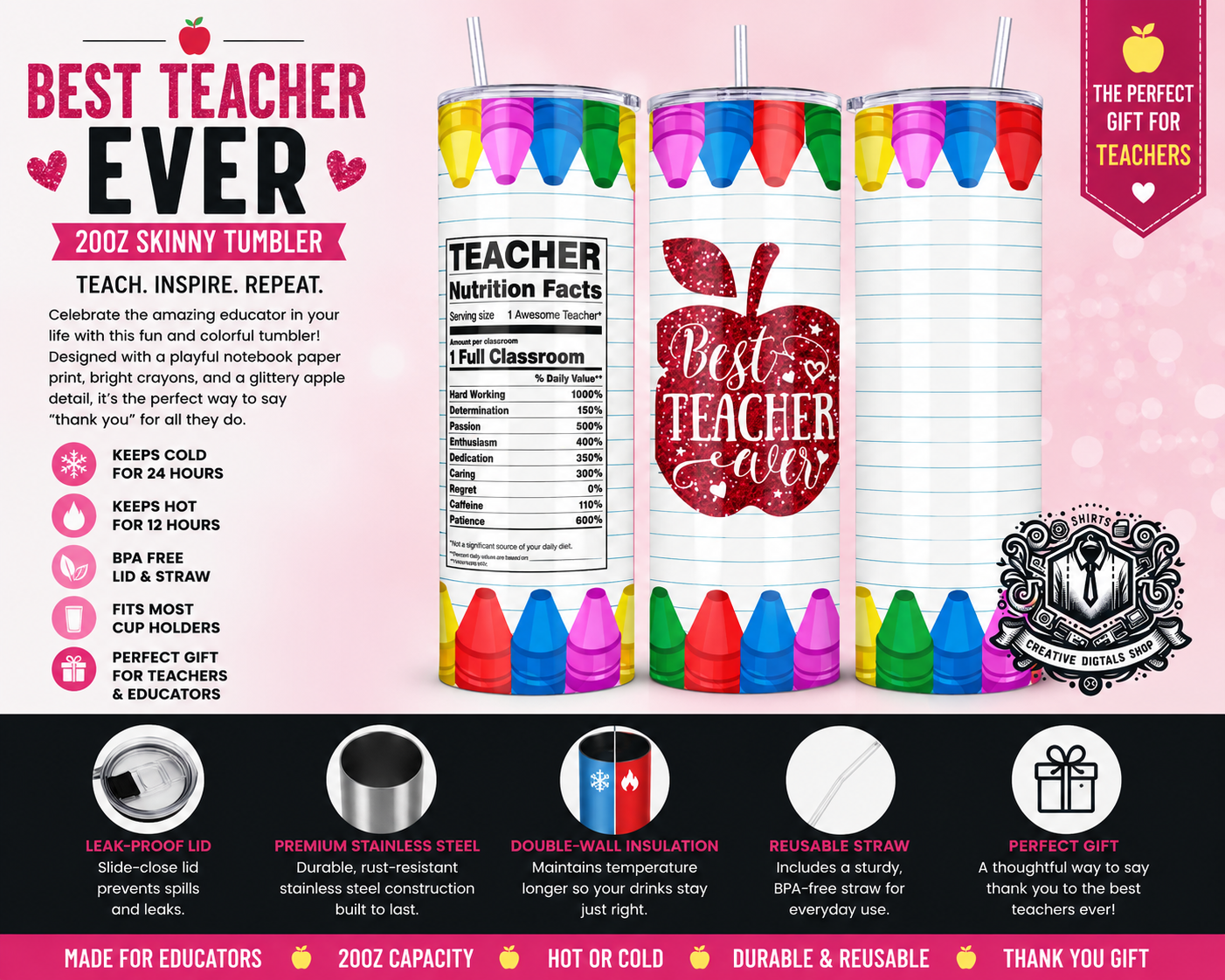 Best Teacher Ever 20oz Skinny Tumbler | Teacher Appreciation Gift Cup - Creative Digitals Shop