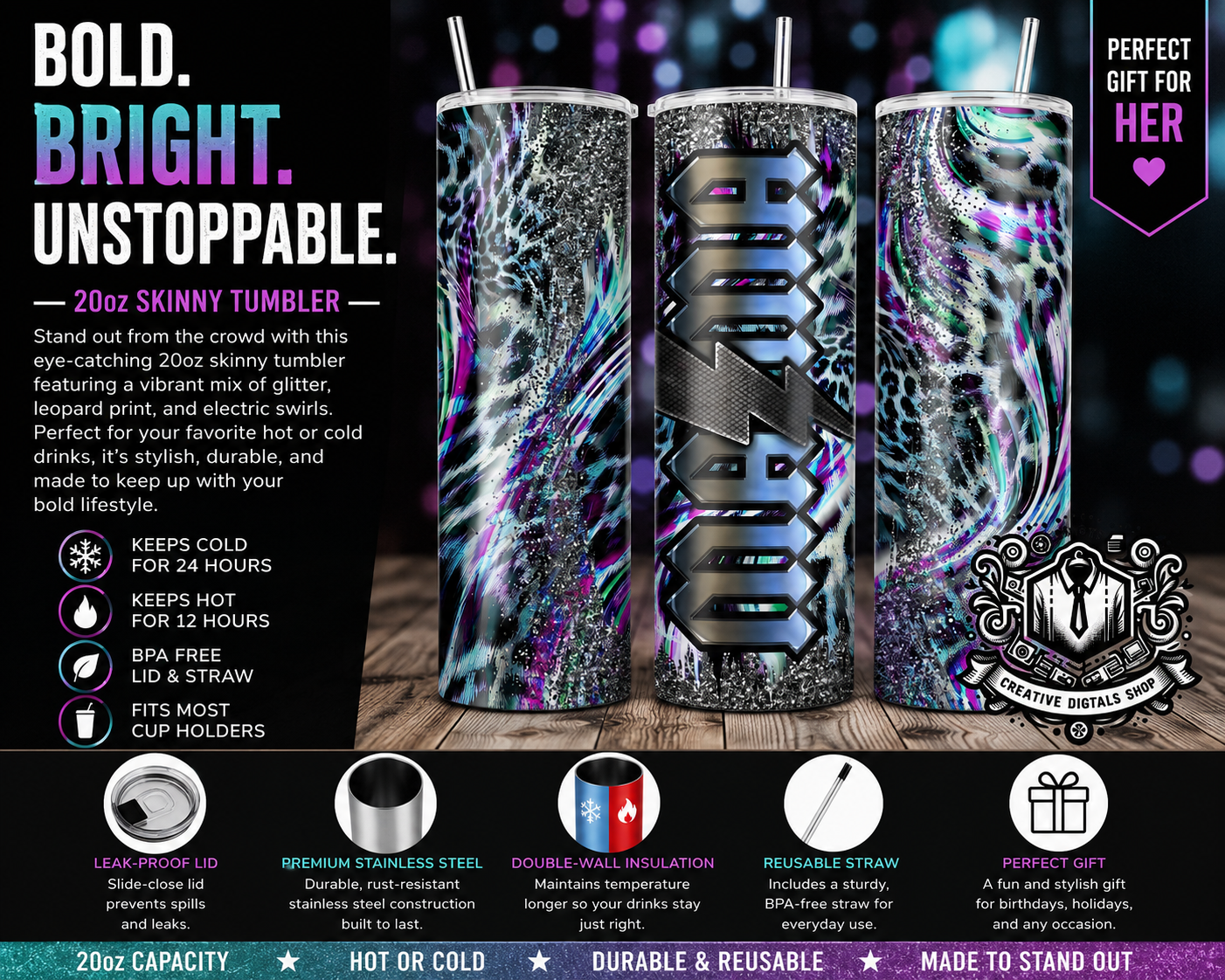Personalized Glitter Leopard 20oz Skinny Tumbler | Custom Name Stainless Steel Cup - Creative Digitals Shop