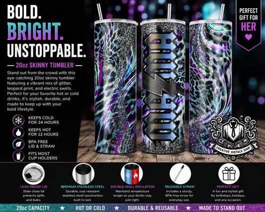 Personalized Glitter Leopard 20oz Skinny Tumbler | Custom Name Stainless Steel Cup - Creative Digitals Shop