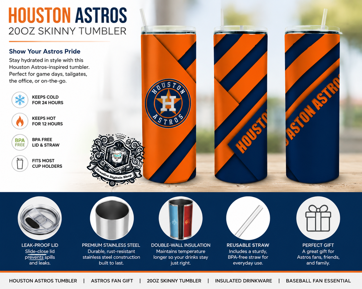 Houston Astros-inspired 20oz skinny tumbler - Creative Digitals Shop