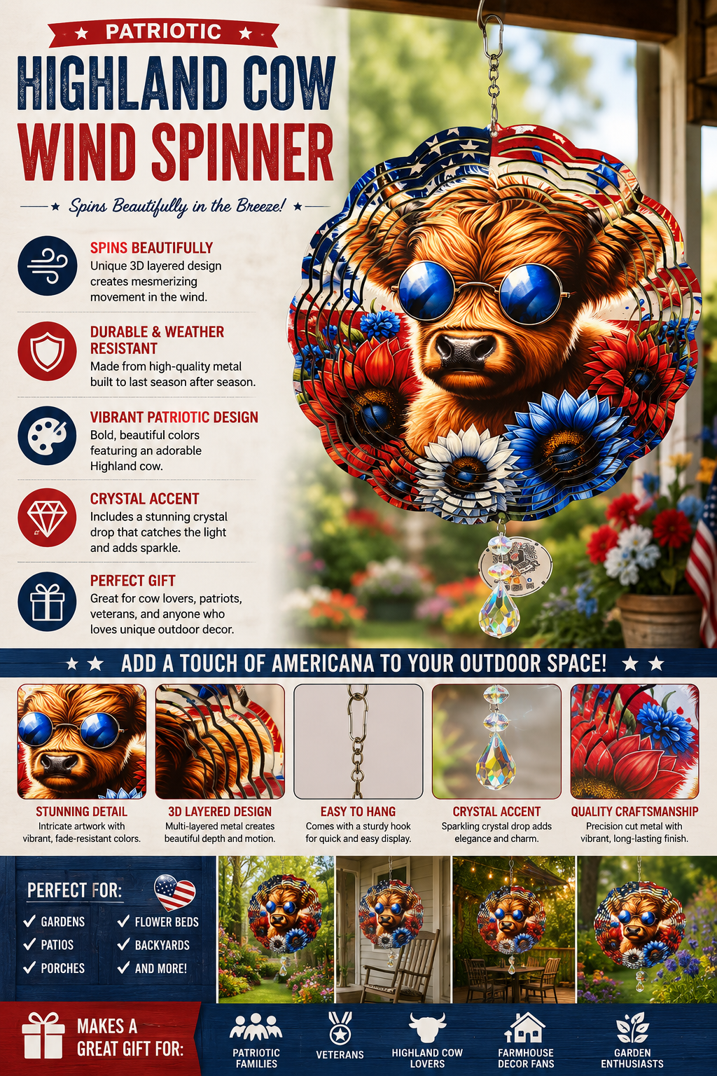 Patriotic Highland Cow Wind Spinner