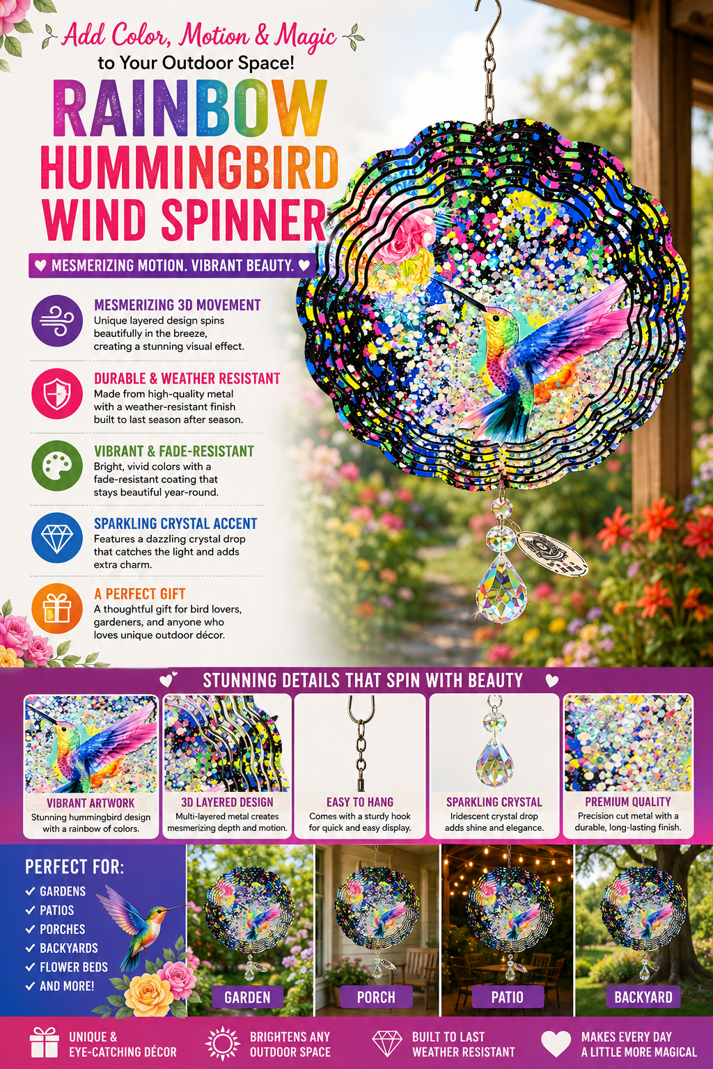 Rainbow Hummingbird Wind Spinner