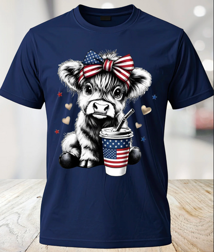 Patriotic Highland Cow T-Shirt – Cute American Flag Cow Fourth of July Tee