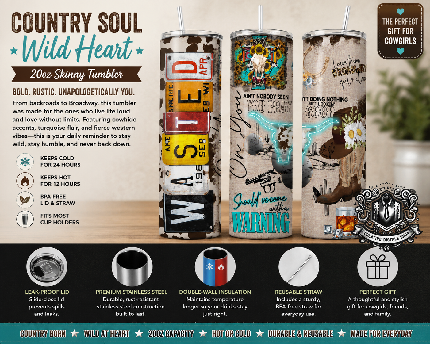 Country Soul Wild Heart 20oz Skinny Tumbler | Western Cowgirl Stainless Steel Cup - Creative Digitals Shop