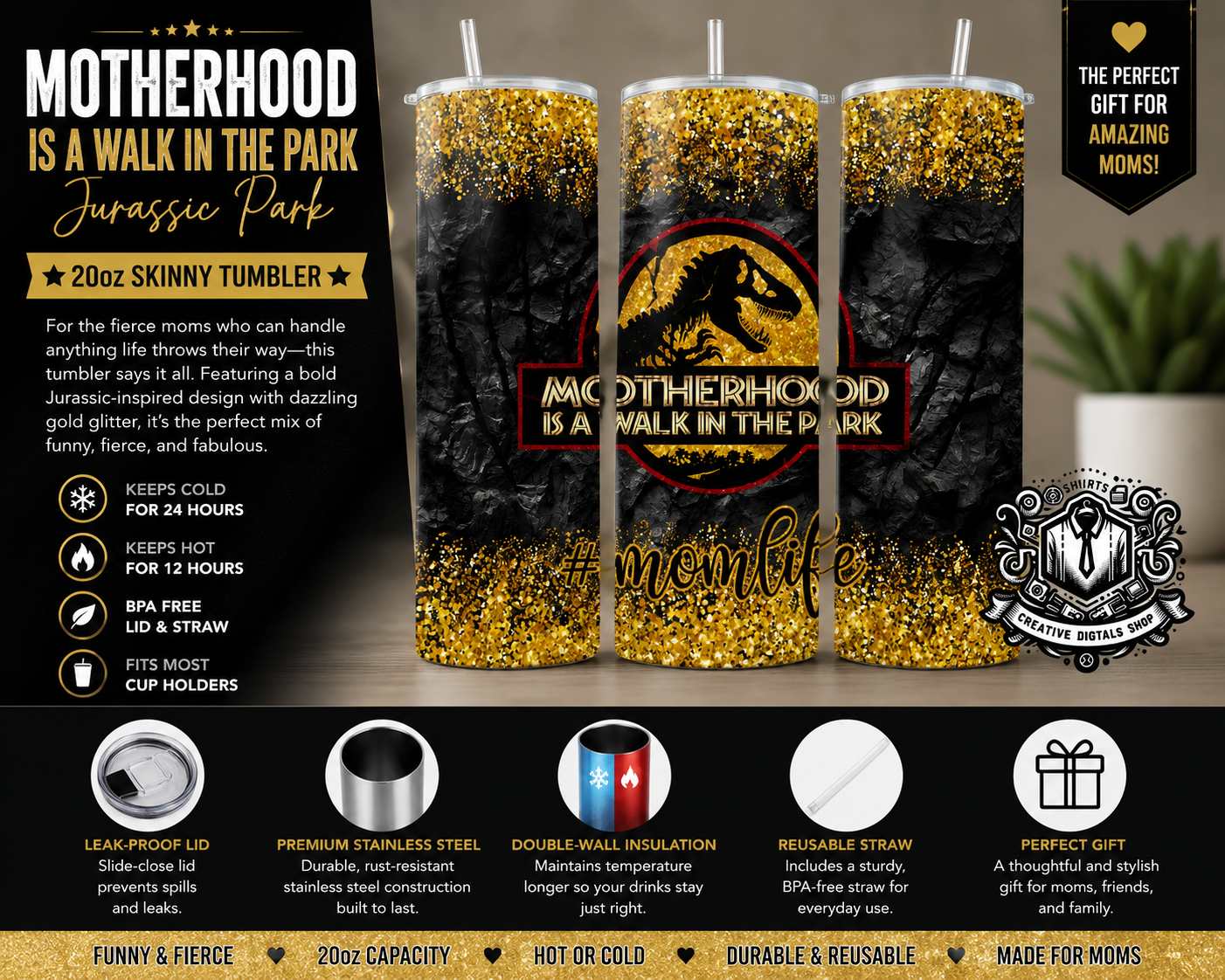 Motherhood Is a Walk in the Park Jurassic Park 20oz Skinny Tumbler | Funny Mom Gift - Creative Digitals Shop