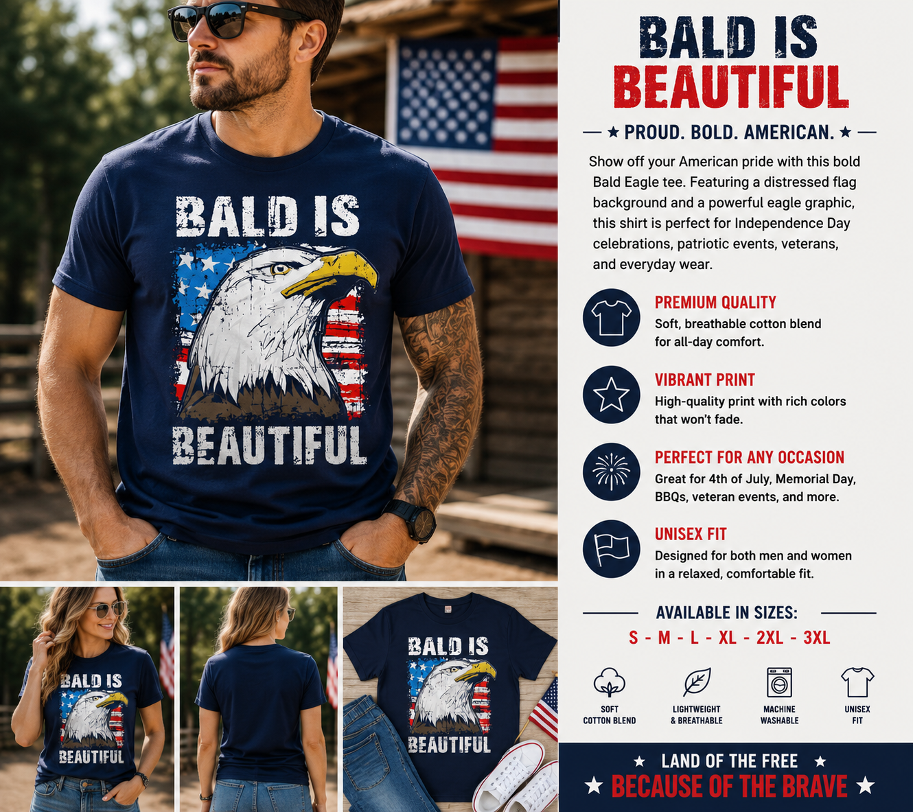 Bald Is Beautiful Patriotic Eagle T-Shirt – American Flag USA Graphic Tee