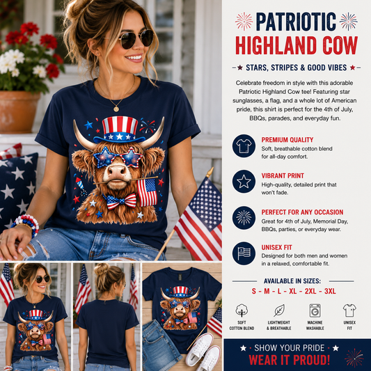 Patriotic Highland Cow T-Shirt | Funny 4th of July Cow Shirt | American Flag Graphic Tee