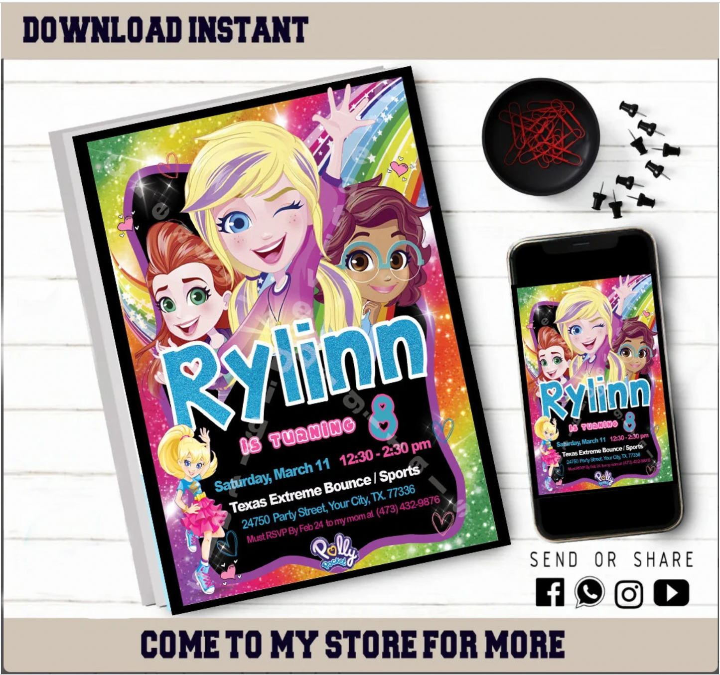 Polly Pocket Birthday Invitation - Editable Kids Invite - Kids Digital Invite - Modern Polly Pocket E-vite Instant Download