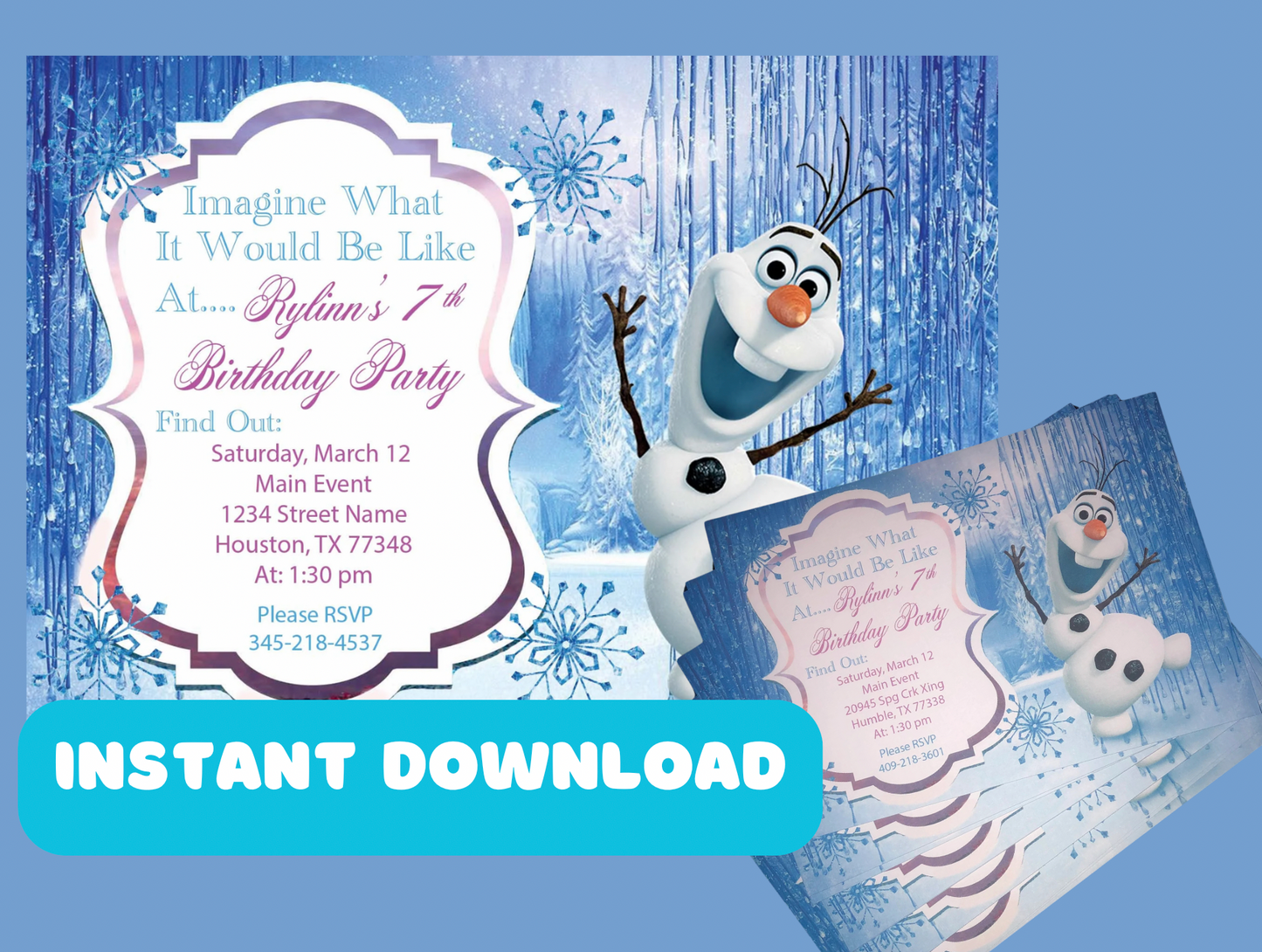 Olaf Invitation Birthday Invite Party Glitter Beautiful Olaf FROZEN Invites digital, Instant Downloads
