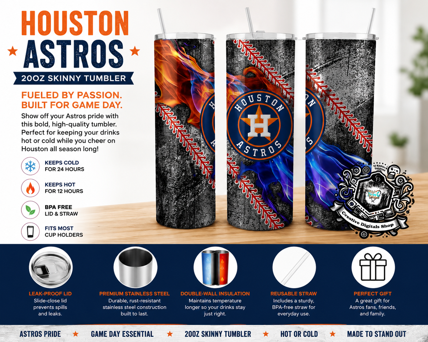 Houston Astros Inspired Fire & Ice 20oz Skinny Tumbler - Creative Digitals Shop