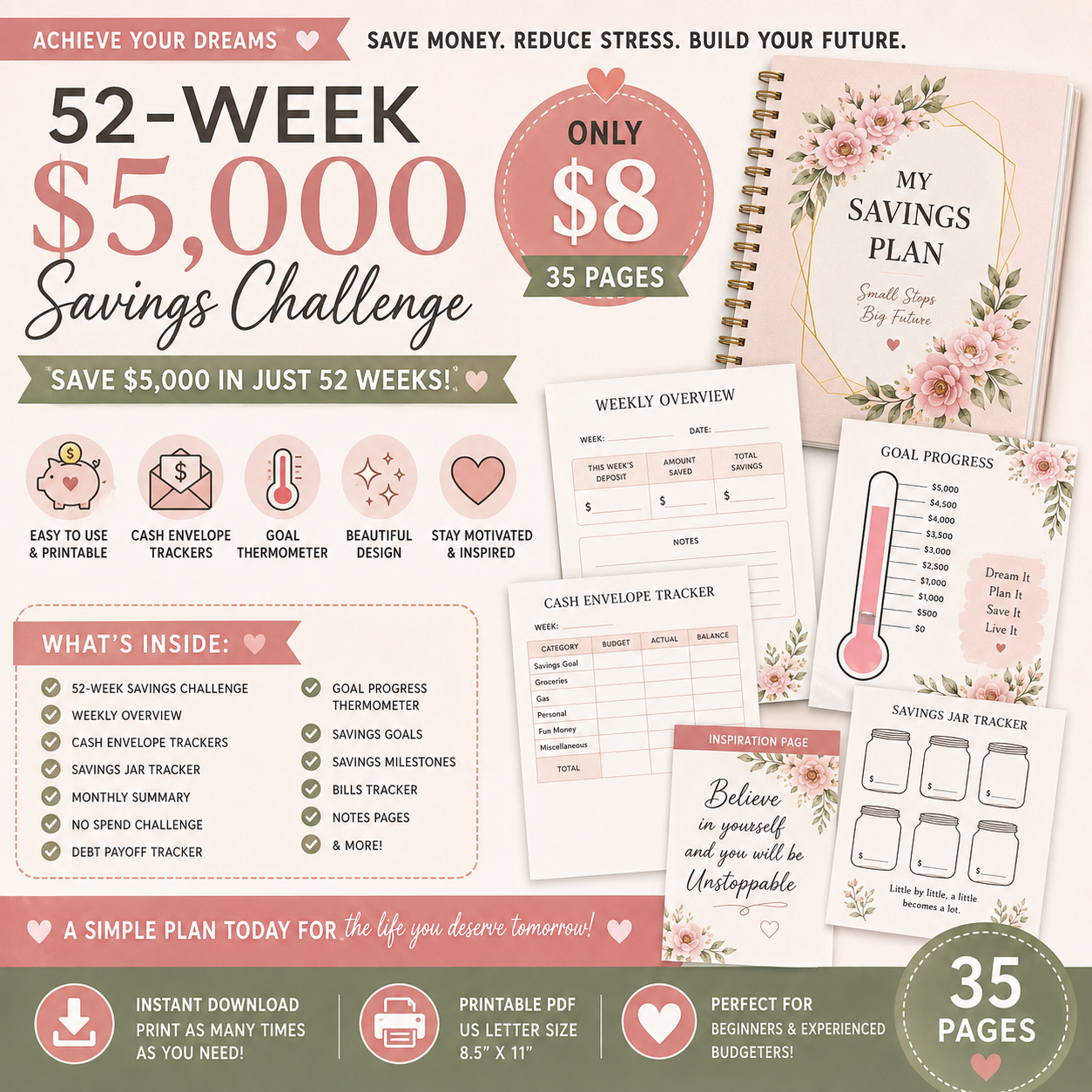 52-Week $5,000 Savings Challenge Printable | 35-Page Budget Planner