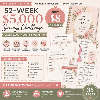 52-Week $5,000 Savings Challenge Printable | 35-Page Budget Planner