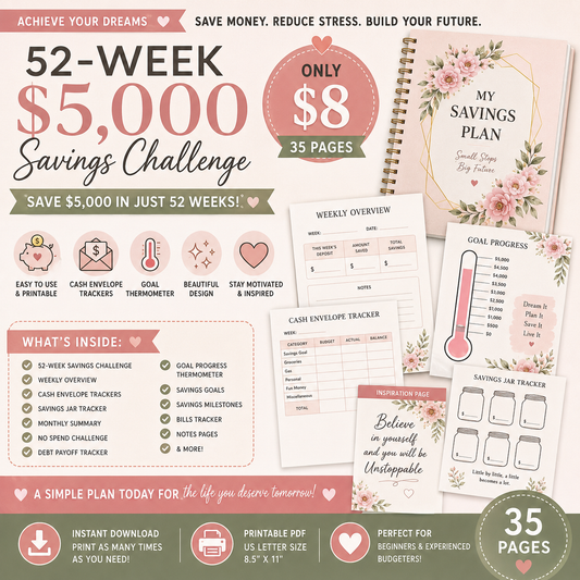52-Week $5,000 Savings Challenge Printable | 35-Page Budget Planner - Creative Digitals Shop