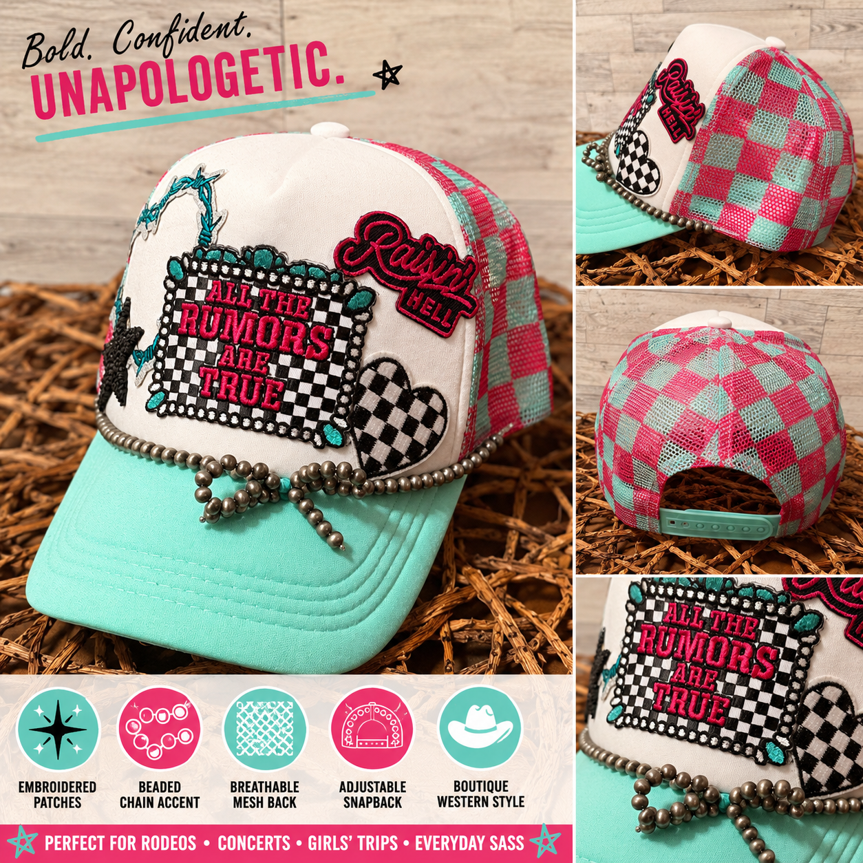 All The Rumors Are True Trucker Hat – Western Glam Mesh Snapback Cap | Turquoise & Pink Checkered Boutique Hat