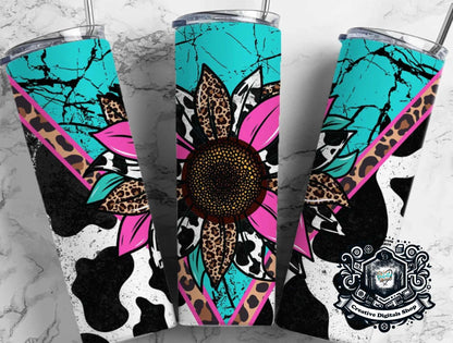 Sunflower Vibes 20oz Skinny Tumbler | Turquoise Pink Cowhide & Leopard Print Cup - Creative Digitals Shop