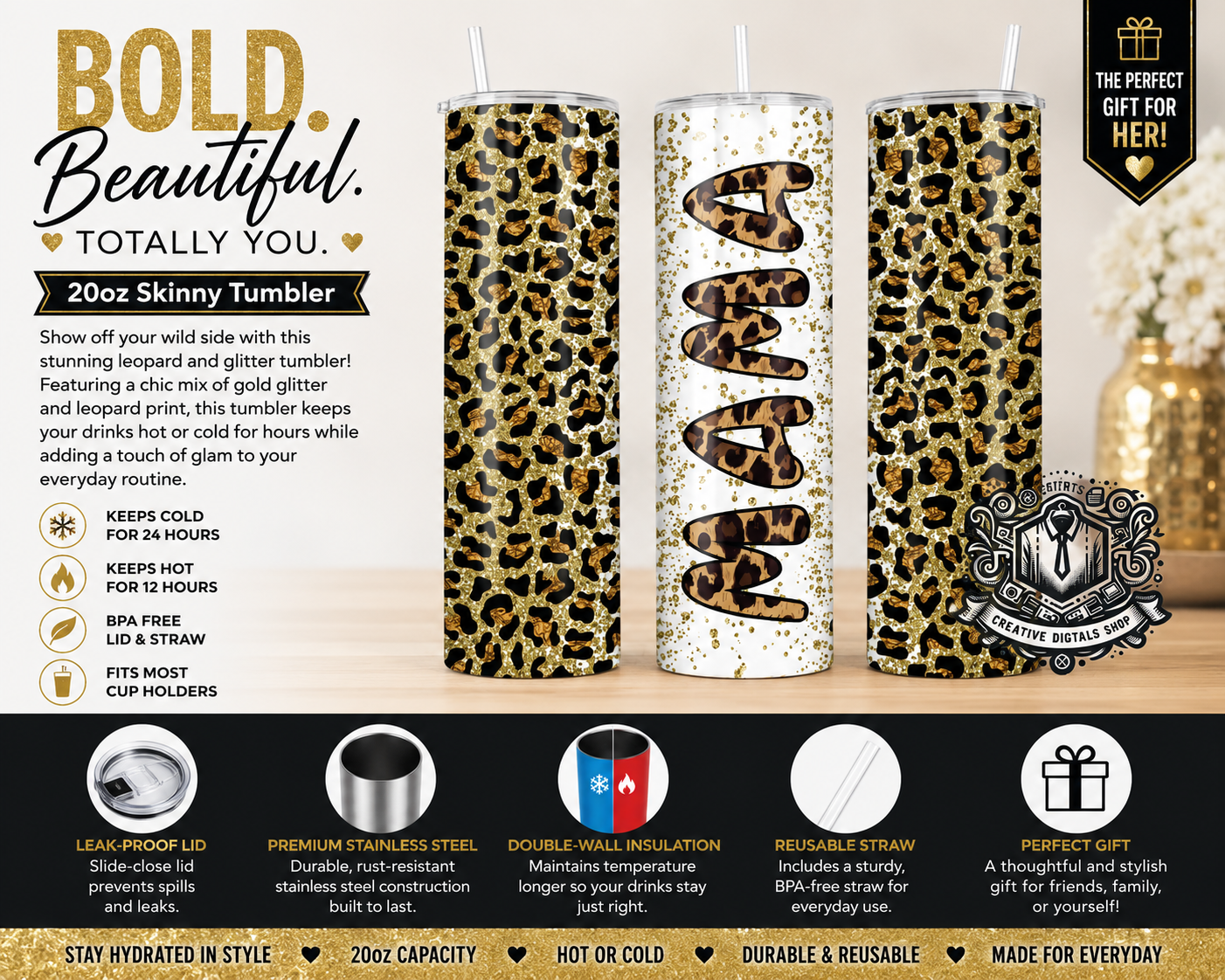 Personalized Leopard Print 20oz Skinny Tumbler | Custom Name Glitter Tumbler - Creative Digitals Shop