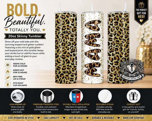 Personalized Leopard Print 20oz Skinny Tumbler | Custom Name Glitter Tumbler - Creative Digitals Shop