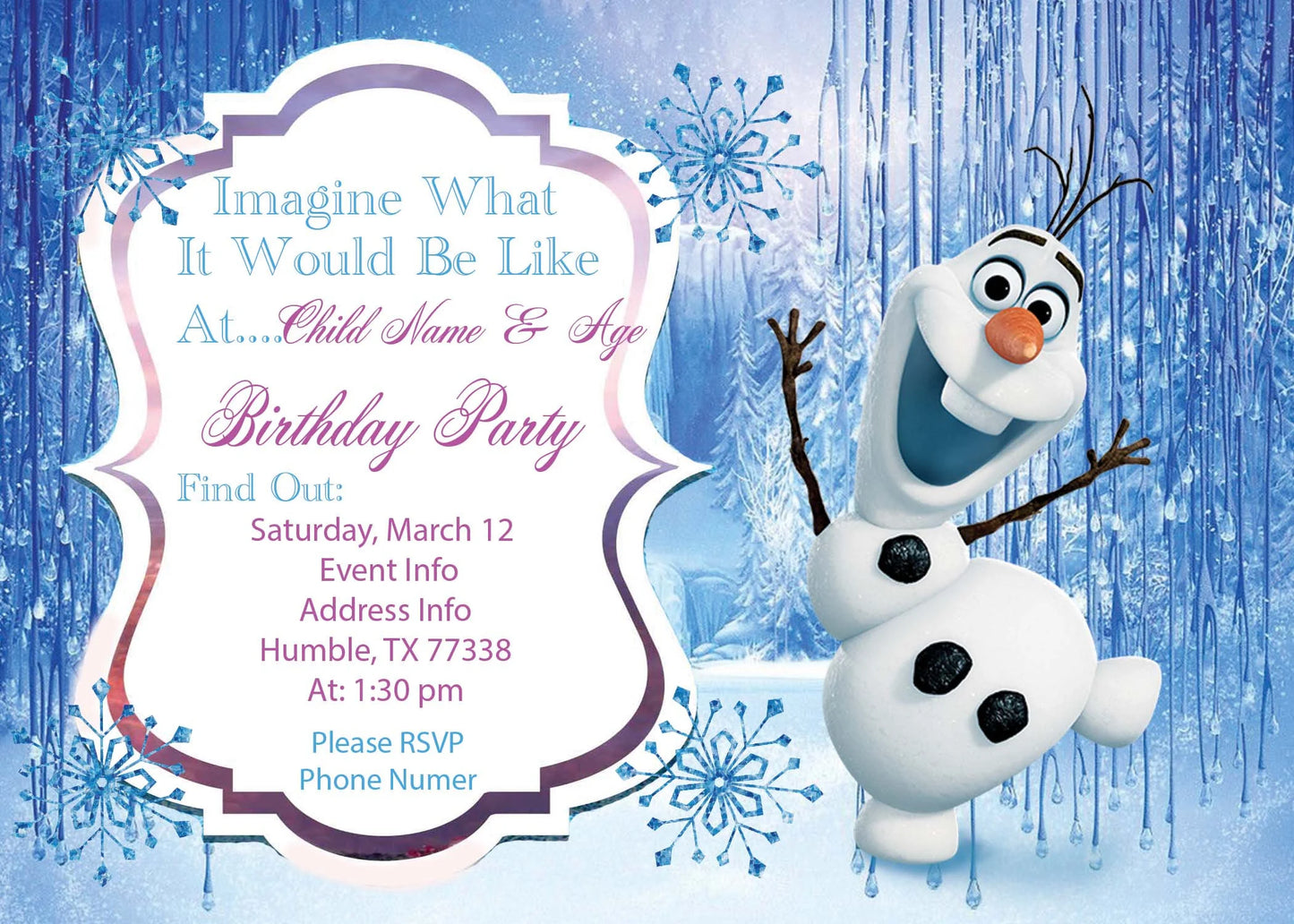 Olaf Invitation Birthday Invite Party Glitter Beautiful Olaf FROZEN Invites digital, Instant Downloads