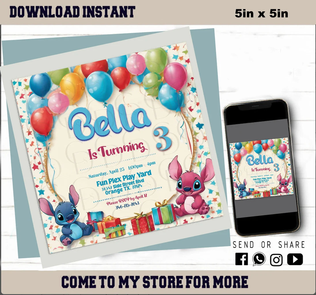 Stitch Birthday Invitation, Invitation Kids, Stitch Theme Birthday Card, Fully Editable, Editable Kids Invite,Kids Digital Invite,Instant Download
