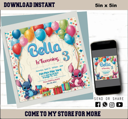 Stitch Birthday Invitation, Invitation Kids, Stitch Theme Birthday Card, Fully Editable, Editable Kids Invite,Kids Digital Invite,Instant Download