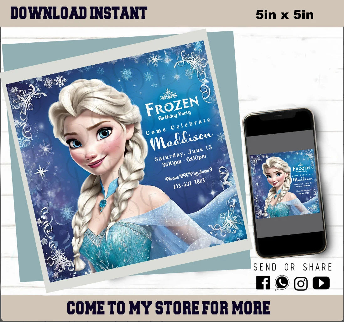 FROZEN Invitation Elsa Birthday Invitation Winter Snow Birthday Printable,Editable, Customized, Template Frozen Invite, Instant Downloads