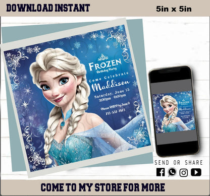 FROZEN Invitation Elsa Birthday Invitation Winter Snow Birthday Printable,Editable, Customized, Template Frozen Invite, Instant Downloads