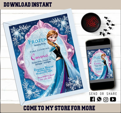 Editable Frozen Birthday Invitation Template, Princess Onna Girl E-vite, Digital Birthday Party Invite for Girls, Printable, Instant Download